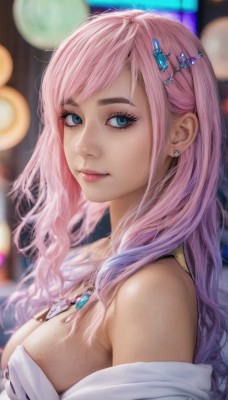 1girl,solo,long hair,breasts,looking at viewer,smile,bangs,blue eyes,large breasts,hair ornament,cleavage,bare shoulders,jewelry,medium breasts,closed mouth,upper body,pink hair,multicolored hair,earrings,hairclip,necklace,off shoulder,blurry,from side,lips,looking to the side,eyelashes,makeup,blurry background,mole on breast,realistic,nose,dress,artist name,gradient hair,wavy hair,gem,eyeshadow,mascara