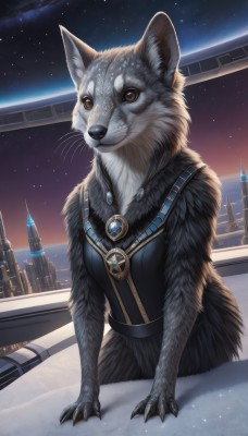 solo,looking at viewer,brown eyes,jewelry,sitting,sky,indoors,necklace,no humans,window,night,animal,cat,brooch,building,gem,star (sky),night sky,claws,pendant,starry sky,city,realistic,cityscape,animal focus,whiskers,1girl,furry,white fur,wolf,grey fur