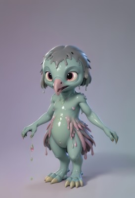 1girl,solo,short hair,open mouth,simple background,red eyes,navel,brown eyes,nipples,standing,full body,nude,tongue,shiny,tongue out,grey background,flat chest,wet,gradient,loli,gradient background,completely nude,shadow,colored skin,monster girl,claws,green skin,dripping,slime (substance),fewer digits,looking at viewer,teeth,black eyes,no humans,monster,creature,kappa