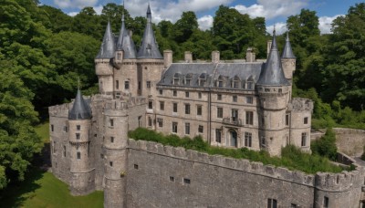 outdoors,sky,day,cloud,tree,blue sky,no humans,cloudy sky,grass,building,nature,scenery,forest,fantasy,bush,castle,tower,path,landscape