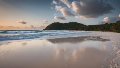 outdoors,sky,day,cloud,water,tree,blue sky,no humans,ocean,beach,cloudy sky,nature,scenery,reflection,sunset,mountain,sand,horizon,waves,landscape,shore,island