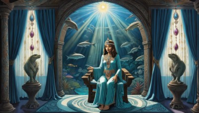 1girl,solo,long hair,brown hair,long sleeves,dress,jewelry,sitting,indoors,wide sleeves,water,necklace,makeup,blue dress,bird,animal,watermark,chair,sunlight,tiara,crown,curtains,gem,scenery,web address,fish,circlet,light rays,fantasy,sunbeam,pillar,throne,coral,black hair,barefoot,dark skin,dark-skinned female,statue