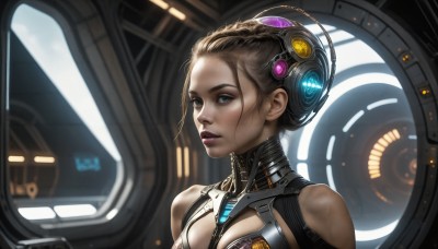 HQ,1girl,solo,breasts,looking at viewer,short hair,blue eyes,brown hair,cleavage,bare shoulders,medium breasts,upper body,parted lips,lips,clothing cutout,bodysuit,makeup,headgear,cleavage cutout,forehead,science fiction,realistic,nose,blonde hair,hair ornament,cable