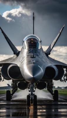 outdoors,sky,day,cloud,military,no humans,cloudy sky,robot,reflection,flying,science fiction,realistic,aircraft,military vehicle,airplane,vehicle focus,jet,fighter jet,pilot,solo,helmet