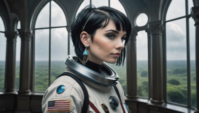 1girl,solo,looking at viewer,short hair,bangs,blue eyes,black hair,jewelry,upper body,earrings,sky,cloud,indoors,mole,black eyes,lips,mole under eye,window,piercing,cloudy sky,ear piercing,rain,realistic,nose,american flag,spacesuit,japanese flag,astronaut,closed mouth,day,blurry,from side,looking to the side,eyelashes,makeup,portrait,scenery,eyeshadow,science fiction,emblem,alien