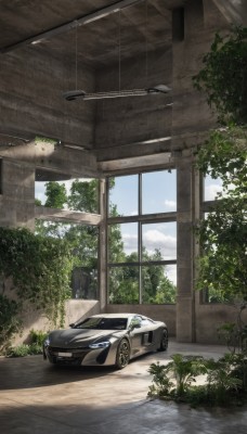 outdoors,sky,day,cloud,indoors,tree,blue sky,no humans,window,shadow,plant,ground vehicle,scenery,motor vehicle,car,road,vehicle focus,sports car,overgrown,broken window