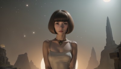 1girl,solo,breasts,looking at viewer,short hair,bangs,brown hair,black hair,dress,cleavage,bare shoulders,brown eyes,jewelry,medium breasts,closed mouth,upper body,outdoors,sky,choker,blunt bangs,necklace,lips,night,moon,bob cut,star (sky),night sky,camisole,pendant,starry sky,backlighting,realistic,spaghetti strap,signature,scenery