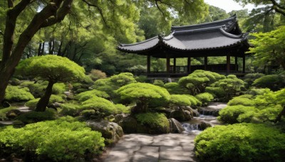 outdoors,day,water,tree,no humans,grass,nature,scenery,forest,rock,bush,architecture,east asian architecture,river,shrine,path,stone,stone lantern,stream,building,moss,pond