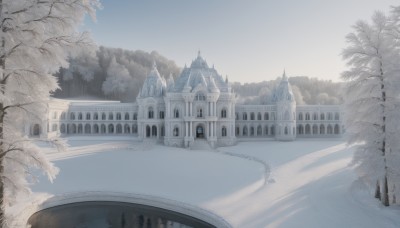 outdoors,sky,day,cloud,water,tree,blue sky,no humans,window,building,nature,scenery,snow,forest,mountain,road,winter,bridge,bare tree,river,castle,tower,monochrome,plant,fantasy,architecture,arch