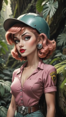 1girl,solo,breasts,looking at viewer,short hair,blue eyes,brown hair,shirt,hat,cleavage,jewelry,medium breasts,collarbone,upper body,pink hair,short sleeves,earrings,small breasts,outdoors,parted lips,day,collared shirt,belt,pants,blurry,uniform,tree,lips,grey eyes,eyelashes,makeup,buttons,blurry background,leaf,helmet,denim,lipstick,nature,buckle,blue headwear,freckles,curly hair,pink shirt,belt buckle,nose,unbuttoned,red lips,shirt tucked in,mascara,green eyes,artist name,plant,baseball cap,forest,jeans,realistic,partially unbuttoned,badge