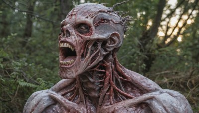 solo,open mouth,1boy,male focus,outdoors,teeth,blurry,tree,no humans,blood,blurry background,plant,sharp teeth,portrait,nature,1other,forest,veins,monster,realistic,alien,horror (theme),upper body,black eyes,depth of field