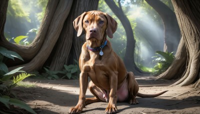 HQ,solo,blue eyes,full body,outdoors,day,collar,tree,no humans,animal,sunlight,grass,plant,nature,forest,dog,light rays,realistic,animal focus,dappled sunlight,animal collar,looking at viewer,tail,tongue,virtual youtuber,tongue out,leaf