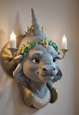 solo,smile,red eyes,closed mouth,no humans,animal,fangs,fire,crown,looking up,portrait,on head,candle,head wreath,animal on head,animal focus,flame,tusks,colored skin,leaf,gem,realistic