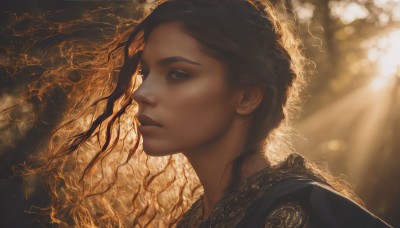 1girl,solo,long hair,looking at viewer,brown hair,black hair,brown eyes,upper body,parted lips,dark skin,blurry,black eyes,from side,dark-skinned female,lips,profile,blurry background,wavy hair,sunlight,portrait,backlighting,freckles,curly hair,realistic,nose,closed mouth,eyelashes,looking away