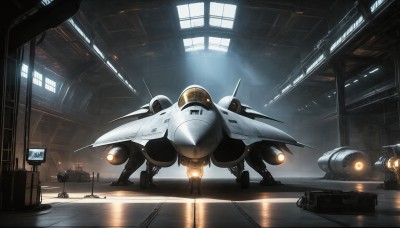 HQ,indoors,military,no humans,window,fire,robot,mecha,science fiction,realistic,aircraft,military vehicle,airplane,light,vehicle focus,spacecraft,lights,helmet,reflection,sign,jet,cockpit,fighter jet