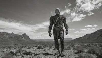 solo,1boy,standing,monochrome,full body,greyscale,male focus,outdoors,sky,cloud,no humans,cloudy sky,robot,scenery,1other,science fiction,mountain,arms at sides,giant,skeleton,alien,armor,torn clothes,glowing,walking,monster,ribs,mountainous horizon,tokusatsu