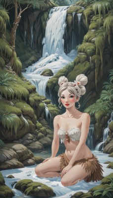 1girl,solo,breasts,looking at viewer,blush,short hair,blue eyes,skirt,hair ornament,navel,cleavage,bare shoulders,jewelry,medium breasts,collarbone,full body,white hair,earrings,small breasts,outdoors,parted lips,barefoot,midriff,water,hair bun,tree,lips,kneeling,strapless,double bun,makeup,plant,nature,forest,rock,red lips,waterfall,sitting,grey hair,artist name,leaf,feathers,lipstick,seiza,river