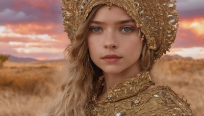 1girl,solo,long hair,looking at viewer,blue eyes,blonde hair,brown hair,jewelry,closed mouth,outdoors,sky,cloud,necklace,mole,blurry,lips,grey eyes,depth of field,blurry background,cloudy sky,crown,gem,portrait,freckles,mountain,realistic,nose,hat,brown eyes,earrings,eyelashes,close-up,sunset,gold