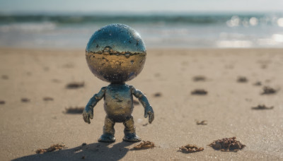 solo, standing, outdoors, blurry, no humans, blurry background, science fiction, sand, planet, spacesuit, space helmet, astronaut