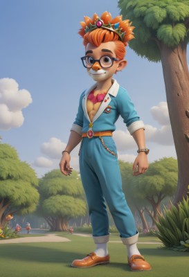 solo,looking at viewer,smile,short hair,1boy,brown eyes,jewelry,closed mouth,standing,full body,flower,male focus,outdoors,sky,shoes,glasses,day,belt,artist name,cloud,dark skin,necklace,orange hair,bracelet,tree,blue sky,grass,crown,zipper,overalls,jumpsuit,1girl,breasts,small breasts,socks,thick eyebrows,unzipped