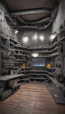 indoors,no humans,bottle,scenery,science fiction,wooden floor,stairs,realistic,door,cable,ceiling,ceiling light,signature,military,robot,machinery,aircraft,spacecraft,lights,cockpit