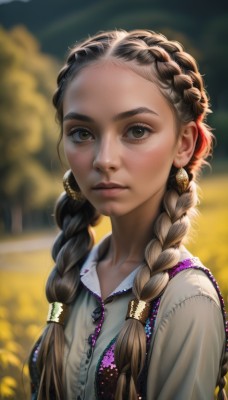 1girl,solo,long hair,looking at viewer,brown hair,shirt,hair ornament,twintails,brown eyes,jewelry,closed mouth,upper body,braid,earrings,outdoors,day,artist name,blurry,twin braids,lips,eyelashes,depth of field,blurry background,hair over shoulder,forehead,freckles,realistic,nose,traditional clothes,multiple braids,collarbone,white shirt,hood,vest,watermark,expressionless,sunlight,zipper,backlighting,field