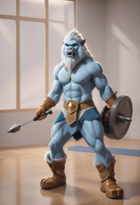 solo,long hair,open mouth,gloves,1boy,navel,holding,jewelry,nipples,standing,full body,weapon,white hair,male focus,thighs,boots,pointy ears,indoors,necklace,stomach,holding weapon,muscular,colored skin,facial hair,fangs,brown footwear,thick thighs,abs,thick eyebrows,pectorals,muscular male,bara,beard,large pectorals,bulge,topless male,shield,mature male,blue skin,furry male,bare pectorals,no pupils,hammer,loincloth,monster boy,holding shield,animal ears,teeth,artist name,window,furry,leather