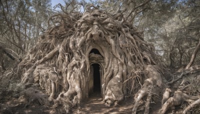 outdoors,sky,day,tree,no humans,plant,nature,scenery,forest,monster,ruins,bare tree,bone