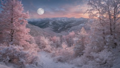 outdoors,sky,cloud,tree,no humans,night,moon,cloudy sky,cherry blossoms,nature,scenery,snow,full moon,forest,mountain,branch,winter,bare tree,landscape,sunset