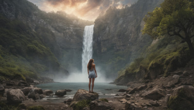 1girl, solo, long hair, brown hair, dress, standing, outdoors, sky, barefoot, cloud, water, from behind, white dress, tree, nature, scenery, rock, mountain, waterfall, cliff