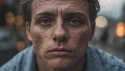 solo,looking at viewer,short hair,blue eyes,brown hair,shirt,1boy,closed mouth,male focus,blurry,lips,depth of field,blurry background,facial hair,portrait,realistic,stubble,black hair,collared shirt,grey eyes,scar,blue shirt,beard,close-up,bokeh