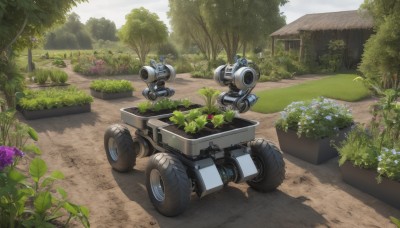 flower,outdoors,sky,day,cloud,tree,no humans,shadow,sunlight,grass,plant,robot,ground vehicle,nature,scenery,mecha,motor vehicle,forest,science fiction,purple flower,road,bush,path,non-humanoid robot,building,garden