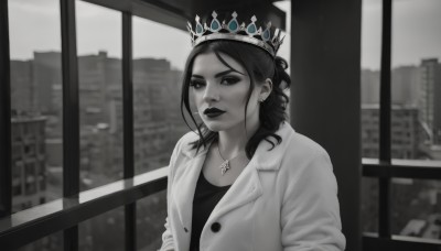 1girl,solo,long hair,looking at viewer,shirt,jewelry,closed mouth,jacket,monochrome,upper body,greyscale,earrings,indoors,medium hair,necklace,blurry,lips,coat,window,makeup,cross,tiara,crown,lipstick,building,spot color,city,cityscape,skyscraper,bangs,piercing,realistic,hair behind ear