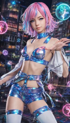 1girl,solo,breasts,looking at viewer,smile,short hair,bangs,blue eyes,shirt,thighhighs,navel,bare shoulders,jewelry,medium breasts,underwear,blue hair,standing,pink hair,multicolored hair,cowboy shot,earrings,small breasts,open clothes,shorts,choker,midriff,off shoulder,bra,two-tone hair,white thighhighs,lips,streaked hair,short shorts,building,city,cleavage,closed mouth,outdoors,detached sleeves,shiny,belt,artist name,shiny skin,detached collar,night,swept bangs,watermark,web address,zipper,science fiction,blue shorts,shiny clothes,realistic,cityscape,leather,cyberpunk,neon lights