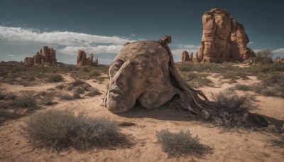 outdoors,lying,sky,day,cloud,blue sky,no humans,cloudy sky,grass,scenery,rock,realistic,ruins,statue,desert,tree,sand,stone