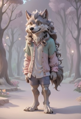 solo,long hair,smile,shirt,long sleeves,1boy,animal ears,brown eyes,standing,jacket,tail,full body,white shirt,flower,male focus,outdoors,open clothes,shorts,teeth,artist name,signature,tree,buttons,fangs,watermark,cardigan,claws,wolf tail,furry,furry male,male child,animal nose,snout,1girl,yellow eyes,hood,open jacket,short shorts,hoodie,wolf ears,blue shirt,messy hair,pink flower,blue shorts,pink shirt,arms at sides,body fur,wolf,grey fur