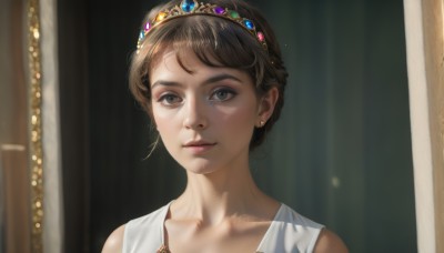 1girl,solo,looking at viewer,short hair,bangs,brown hair,dress,bare shoulders,brown eyes,jewelry,closed mouth,collarbone,earrings,lips,tiara,gem,portrait,realistic,nose,sleeveless,black eyes,freckles