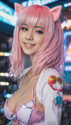 1girl,solo,long hair,breasts,looking at viewer,smile,bangs,blue eyes,large breasts,animal ears,cleavage,jewelry,medium breasts,underwear,jacket,upper body,pink hair,teeth,cat ears,medium hair,necklace,bra,grin,blurry,lips,makeup,depth of field,blurry background,fangs,pendant,realistic,pink bra,parted lips,open clothes