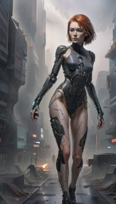 1girl,solo,breasts,looking at viewer,short hair,blue eyes,medium breasts,standing,full body,red hair,outdoors,orange hair,leotard,lips,bodysuit,building,freckles,science fiction,city,realistic,joints,cable,mechanical arms,cyborg,dirty,robot joints,cyberpunk,brown hair,small breasts,solo focus,signature,looking to the side,thigh gap,fire,robot,walking,rain,android,skyscraper,embers