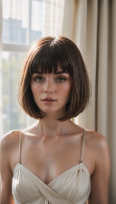 1girl,solo,breasts,looking at viewer,short hair,bangs,brown hair,dress,cleavage,bare shoulders,brown eyes,medium breasts,collarbone,upper body,small breasts,parted lips,teeth,sleeveless,indoors,white dress,blurry,lips,grey eyes,window,blurry background,bob cut,curtains,camisole,freckles,realistic,nose,spaghetti strap,blunt bangs,eyelashes,thick eyebrows,backlighting