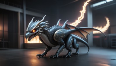 HQ,solo,open mouth,red eyes,standing,tail,full body,yellow eyes,wings,horns,teeth,indoors,blurry,orange eyes,no humans,window,glowing,fangs,fire,sharp teeth,glowing eyes,claws,spikes,monster,dragon,scales,kaijuu