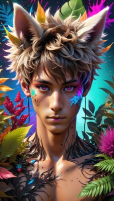 solo,looking at viewer,smile,short hair,bangs,brown hair,1boy,animal ears,closed mouth,purple eyes,collarbone,upper body,flower,male focus,artist name,cat ears,pink eyes,lips,fox ears,eyelashes,tattoo,makeup,leaf,blue background,bug,plant,portrait,freckles,topless male,nose,paint splatter,nude,star (symbol),muscular,watermark,facial mark,wolf ears,pectorals,star (sky),web address,realistic,facepaint,dripping,bodypaint,paint