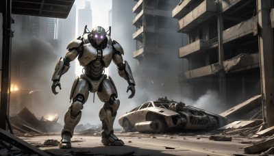 HQ,standing,purple eyes,outdoors,military,no humans,glowing,fire,robot,ground vehicle,building,mecha,glowing eyes,motor vehicle,smoke,science fiction,city,realistic,military vehicle,car,ruins,tank,damaged,open hands,debris,dust,rubble,truck,looking at viewer,corpse