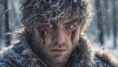 solo,looking at viewer,short hair,black hair,1boy,closed mouth,male focus,outdoors,blurry,black eyes,tree,grey eyes,fur trim,blood,blurry background,facial hair,scar,facial mark,messy hair,portrait,beard,scar on face,snow,close-up,blood on face,snowing,realistic,scar across eye,stubble,facepaint,winter,green eyes,lips,nature,forest,fur collar,serious,manly