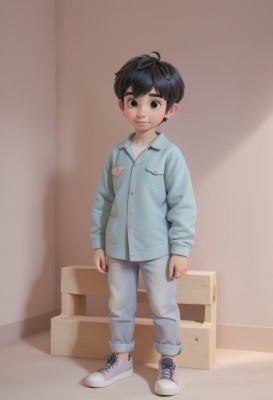 solo,looking at viewer,smile,short hair,shirt,black hair,long sleeves,1boy,standing,full body,male focus,shoes,pants,indoors,black eyes,shadow,thick eyebrows,blue shirt,denim,sneakers,box,child,pocket,white pants,male child,cardboard box,closed mouth,jeans