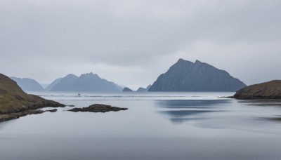 outdoors,sky,day,cloud,water,no humans,cloudy sky,scenery,snow,reflection,rain,mountain,landscape,mountainous horizon,lake,fog,grey sky,overcast,monochrome,tree,ocean,nature,forest,blue theme,river,shore