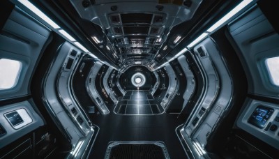 no humans,robot,machinery,reflection,science fiction,realistic,spacecraft,cockpit,solo,indoors,window,from above,scenery,mecha,close-up,light,cable,space,monitor,screen