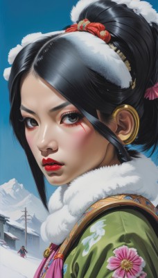 1girl,solo,looking at viewer,blush,black hair,hair ornament,brown eyes,upper body,flower,outdoors,parted lips,japanese clothes,sky,solo focus,day,kimono,hair bun,black eyes,blue sky,lips,fur trim,eyelashes,makeup,floral print,lipstick,snow,eyeshadow,fur collar,mountain,realistic,nose,red lips,ponytail,chinese clothes,portrait,east asian architecture