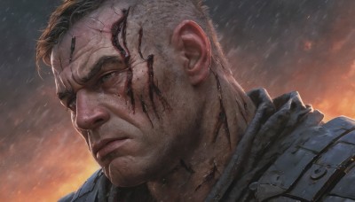 solo,looking at viewer,short hair,black hair,1boy,closed mouth,male focus,armor,black eyes,lips,blood,facial hair,scar,fire,portrait,scar on face,injury,blood on face,realistic,manly,dirty,embers,dirty face,blonde hair,jacket,outdoors,looking to the side,blue jacket,serious,snowing