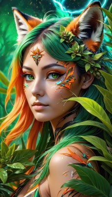 1girl,solo,long hair,breasts,looking at viewer,hair ornament,animal ears,bare shoulders,closed mouth,green eyes,upper body,flower,multicolored hair,green hair,artist name,cat ears,hair flower,orange hair,from side,lips,animal ear fluff,fox ears,eyelashes,tattoo,gradient hair,makeup,leaf,watermark,facial mark,plant,portrait,eyeshadow,freckles,nose,eyeliner,mascara,bangs,jewelry,parted bangs,nature,web address,close-up,facepaint